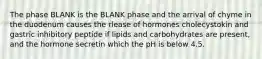 The phase BLANK is the BLANK phase and the arrival of chyme in the duodenum causes the rlease of hormones cholecystokin and gastric inhibitory peptide if lipids and carbohydrates are present, and the hormone secretin which the pH is below 4.5.