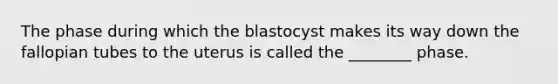 The phase during which the blastocyst makes its way down the fallopian tubes to the uterus is called the ________ phase.