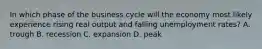 In which phase of the business cycle will the economy most likely experience rising real output and falling unemployment rates? A. trough B. recession C. expansion D. peak