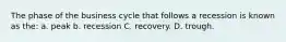 The phase of the business cycle that follows a recession is known as the: a. peak b. recession C. recovery. D. trough.