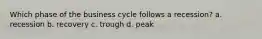 Which phase of the business cycle follows a recession? a. recession b. recovery c. trough d. peak