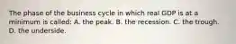 The phase of the business cycle in which real GDP is at a minimum is called: A. the peak. B. the recession. C. the trough. D. the underside.