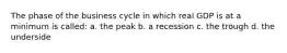 The phase of the business cycle in which real GDP is at a minimum is called: a. the peak b. a recession c. the trough d. the underside