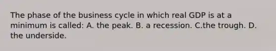 The phase of the business cycle in which real GDP is at a minimum is called: A. the peak. B. a recession. C.the trough. D. the underside.