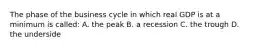 The phase of the business cycle in which real GDP is at a minimum is called: A. the peak B. a recession C. the trough D. the underside