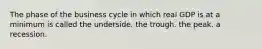 The phase of the business cycle in which real GDP is at a minimum is called the underside. the trough. the peak. a recession.