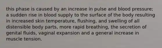 this phase is caused by an increase in pulse and blood pressure; a sudden rise in blood supply to the surface of the body resulting in increased skin temperature, flushing, and swelling of all distensible body parts, more rapid breathing, the secretion of genital fluids, vaginal expansion and a general increase in muscle tension.