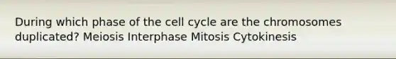 During which phase of the cell cycle are the chromosomes duplicated? Meiosis Interphase Mitosis Cytokinesis