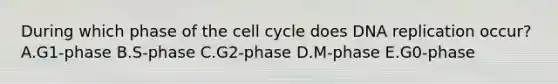 During which phase of the cell cycle does DNA replication occur? A.G1-phase B.S-phase C.G2-phase D.M-phase E.G0-phase