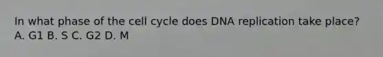 In what phase of the cell cycle does DNA replication take place? A. G1 B. S C. G2 D. M