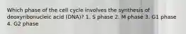 Which phase of the cell cycle involves the synthesis of deoxyribonucleic acid (DNA)? 1. S phase 2. M phase 3. G1 phase 4. G2 phase