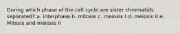 During which phase of the cell cycle are sister chromatids separated? a. interphase b. mitosis c. meiosis I d. meiosis II e. Mitosis and meiosis II