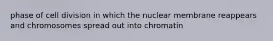 phase of cell division in which the nuclear membrane reappears and chromosomes spread out into chromatin