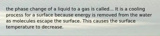 the phase change of a liquid to a gas is called... It is a cooling process for a surface because energy is removed from the water as molecules escape the surface. This causes the <a href='https://www.questionai.com/knowledge/kkV3ggZUFU-surface-temperature' class='anchor-knowledge'>surface temperature</a> to decrease.