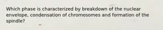 Which phase is characterized by breakdown of the nuclear envelope, condensation of chromosomes and formation of the spindle?