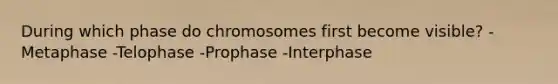 During which phase do chromosomes first become visible? -Metaphase -Telophase -Prophase -Interphase