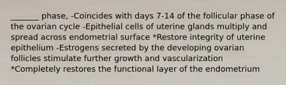 _______ phase, -Coincides with days 7-14 of the follicular phase of the ovarian cycle -Epithelial cells of uterine glands multiply and spread across endometrial surface *Restore integrity of uterine epithelium -Estrogens secreted by the developing ovarian follicles stimulate further growth and vascularization *Completely restores the functional layer of the endometrium