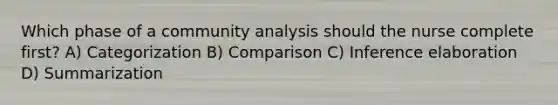 Which phase of a community analysis should the nurse complete first? A) Categorization B) Comparison C) Inference elaboration D) Summarization