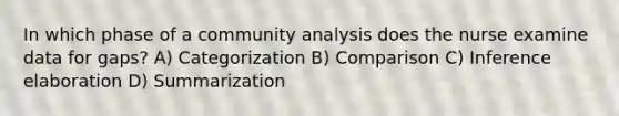 In which phase of a community analysis does the nurse examine data for gaps? A) Categorization B) Comparison C) Inference elaboration D) Summarization