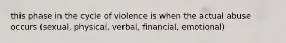 this phase in the cycle of violence is when the actual abuse occurs (sexual, physical, verbal, financial, emotional)