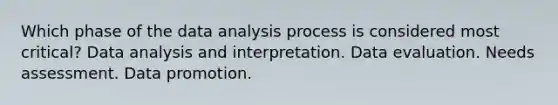 Which phase of the data analysis process is considered most critical? Data analysis and interpretation. Data evaluation. Needs assessment. Data promotion.