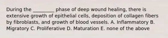 During the _________ phase of deep wound healing, there is extensive growth of epithelial cells, deposition of collagen fibers by fibroblasts, and growth of blood vessels. A. Inflammatory B. Migratory C. Proliferative D. Maturation E. none of the above