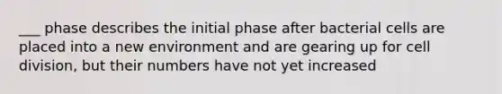 ___ phase describes the initial phase after bacterial cells are placed into a new environment and are gearing up for <a href='https://www.questionai.com/knowledge/kjHVAH8Me4-cell-division' class='anchor-knowledge'>cell division</a>, but their numbers have not yet increased