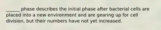 ______ phase describes the initial phase after bacterial cells are placed into a new environment and are gearing up for cell division, but their numbers have not yet increased.