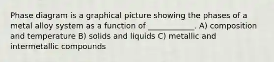 Phase diagram is a graphical picture showing the phases of a metal alloy system as a function of ____________. A) composition and temperature B) solids and liquids C) metallic and intermetallic compounds