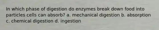 In which phase of digestion do enzymes break down food into particles cells can absorb? a. mechanical digestion b. absorption c. chemical digestion d. ingestion