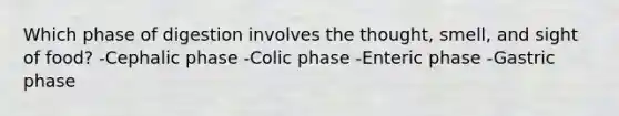 Which phase of digestion involves the thought, smell, and sight of food? -Cephalic phase -Colic phase -Enteric phase -Gastric phase