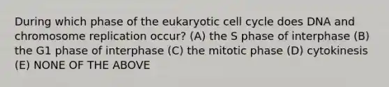 During which phase of the eukaryotic <a href='https://www.questionai.com/knowledge/keQNMM7c75-cell-cycle' class='anchor-knowledge'>cell cycle</a> does DNA and chromosome replication occur? (A) the S phase of interphase (B) the G1 phase of interphase (C) the mitotic phase (D) cytokinesis (E) NONE OF THE ABOVE