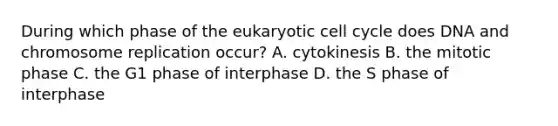 During which phase of the eukaryotic <a href='https://www.questionai.com/knowledge/keQNMM7c75-cell-cycle' class='anchor-knowledge'>cell cycle</a> does DNA and chromosome replication occur? A. cytokinesis B. the mitotic phase C. the G1 phase of interphase D. the S phase of interphase