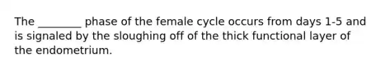 The ________ phase of the female cycle occurs from days 1-5 and is signaled by the sloughing off of the thick functional layer of the endometrium.