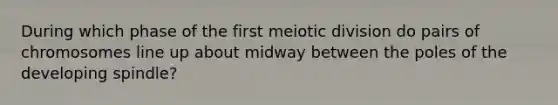 During which phase of the first meiotic division do pairs of chromosomes line up about midway between the poles of the developing spindle?