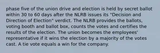 phase five of the union drive and election is held by secret ballot within 30 to 60 days after the NLRB issues its "Decision and Direction of Election" verdict. The NLRB provides the ballots, voting booth and ballot box, counts the votes and certifies the results of the election. The union becomes the employees' representative if it wins the election by a majority of the votes cast. A tie vote equals a win for the company.