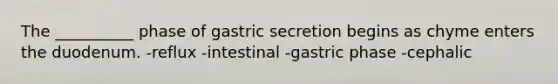 The __________ phase of gastric secretion begins as chyme enters the duodenum. -reflux -intestinal -gastric phase -cephalic