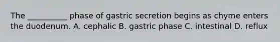 The __________ phase of gastric secretion begins as chyme enters the duodenum. A. cephalic B. gastric phase C. intestinal D. reflux