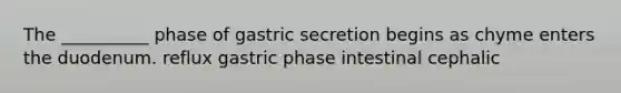 The __________ phase of gastric secretion begins as chyme enters the duodenum. reflux gastric phase intestinal cephalic