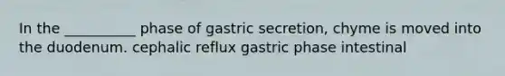 In the __________ phase of gastric secretion, chyme is moved into the duodenum. cephalic reflux gastric phase intestinal