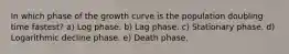 In which phase of the growth curve is the population doubling time fastest? a) Log phase. b) Lag phase. c) Stationary phase. d) Logarithmic decline phase. e) Death phase.