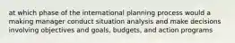 at which phase of the international planning process would a making manager conduct situation analysis and make decisions involving objectives and goals, budgets, and action programs