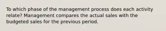 To which phase of the management process does each activity relate? Management compares the actual sales with the budgeted sales for the previous period.