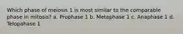 Which phase of meiosis 1 is most similar to the comparable phase in mitosis? a. Prophase 1 b. Metaphase 1 c. Anaphase 1 d. Telopahase 1