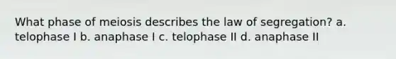 What phase of meiosis describes the law of segregation? a. telophase I b. anaphase I c. telophase II d. anaphase II