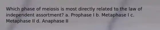 Which phase of meiosis is most directly related to the law of independent assortment? a. Prophase I b. Metaphase I c. Metaphase II d. Anaphase II