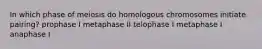 In which phase of meiosis do homologous chromosomes initiate pairing? prophase I metaphase II telophase I metaphase I anaphase I