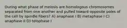 During what phase of meiosis are homologous chromosomes separated from one another and pulled toward opposite poles of the cell by spindle fibers? A) anaphase I B) metaphase I C) anaphase II D) telophase I