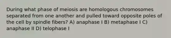 During what phase of meiosis are homologous chromosomes separated from one another and pulled toward opposite poles of the cell by spindle fibers? A) anaphase I B) metaphase I C) anaphase II D) telophase I