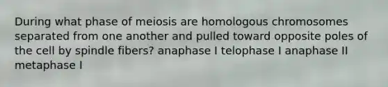 During what phase of meiosis are homologous chromosomes separated from one another and pulled toward opposite poles of the cell by spindle fibers? anaphase I telophase I anaphase II metaphase I